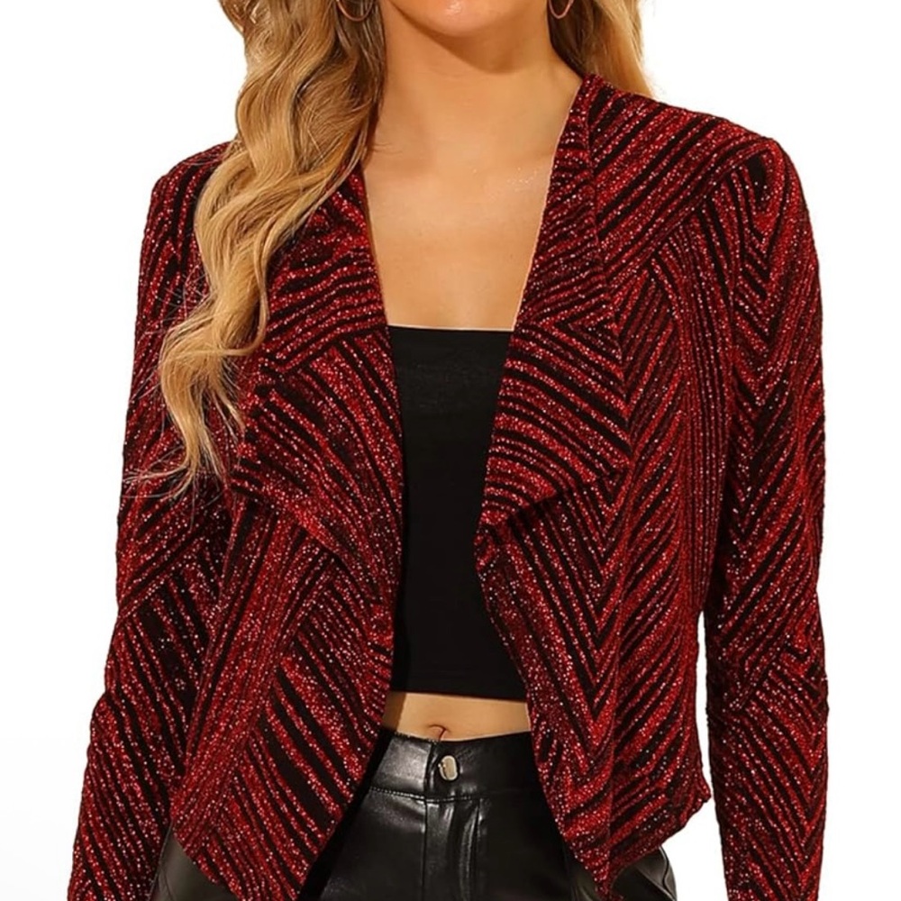 Allegra K Red & Black Sparkly Stripe Holiday Open Waterfall Cardigan NWOT - Picture 4 of 15